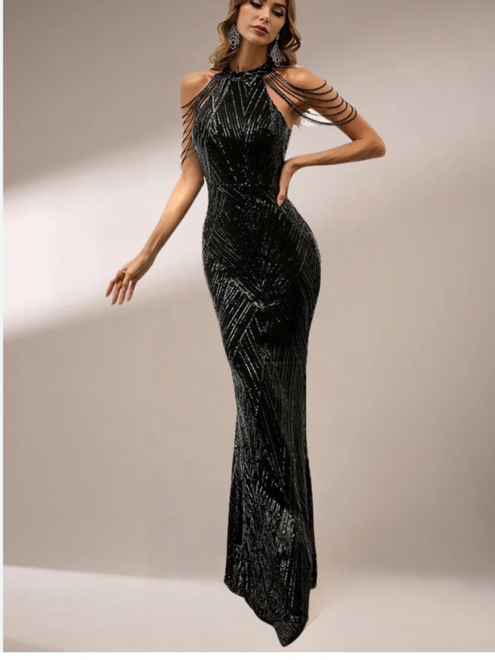 Black Cold-Shoulder Beaded Chain Evening Dress